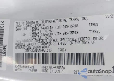 2022 Toyota Tundra Sr z USA, uszkodzony, nr VIN 5TFKB5AB0NX001633